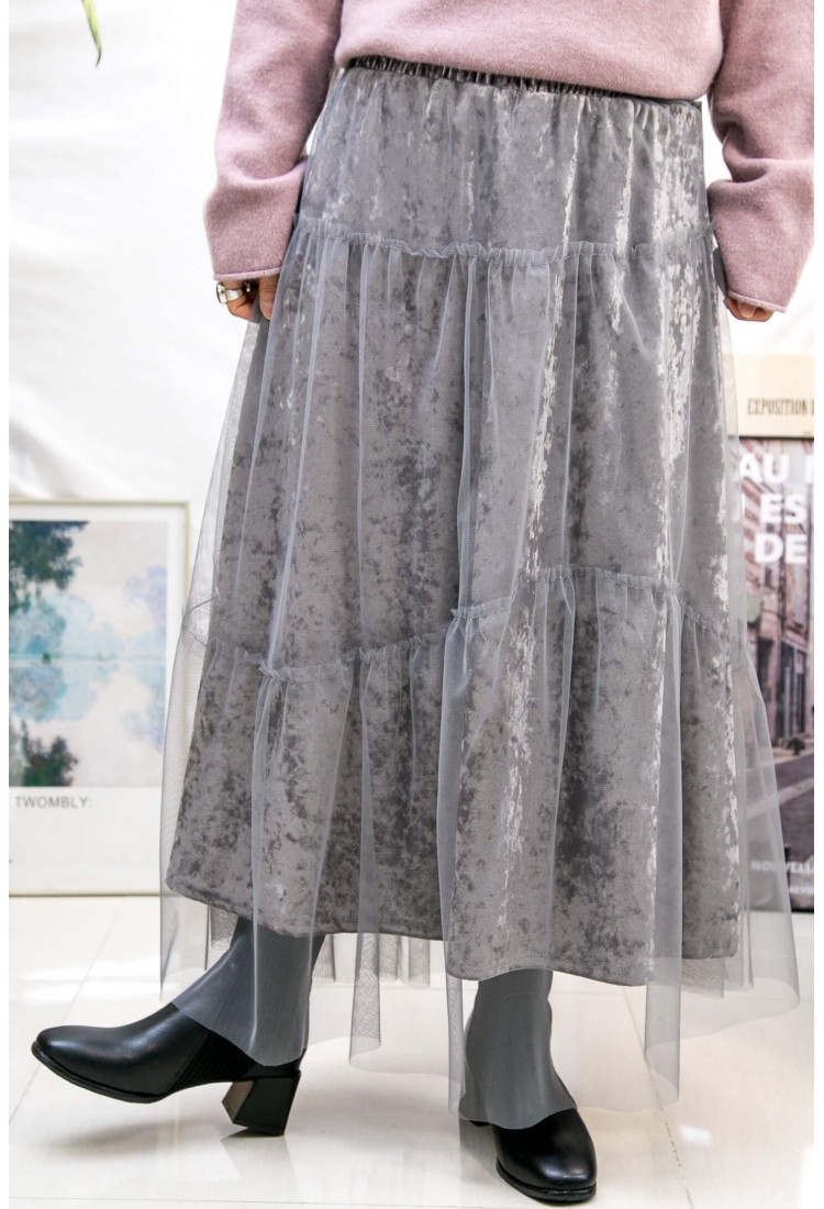 2315-1299-優美感- 橡根腰 ‧ DOUBLE LAYER 網布 絲絨料 半截裙 (有厘布) (韓國)0